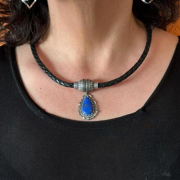 Carolyn Pollack Black Braided Leather Necklace with Teardrop Denim Lapis Pendant - Picture 6 of 10